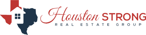 A red and blue logo for houston real estate.