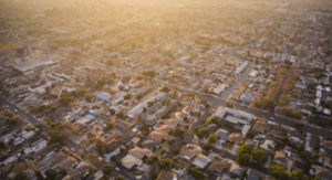 An aerial view of a city with lots of houses.