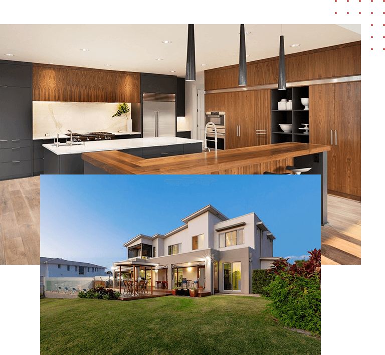 A picture of two different houses with one showing the kitchen and the house.