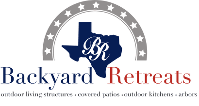 A logo for backyard retreats, with the texas state of texas in the center.