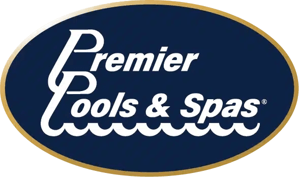 A blue and white logo for premier pools & spas.